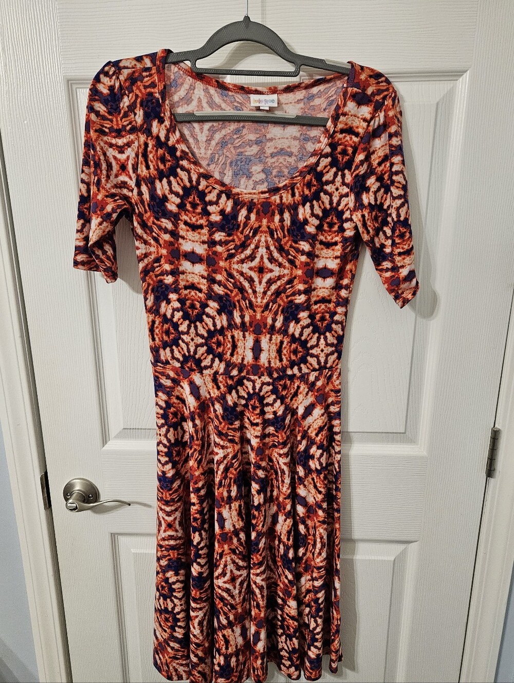 Lularoe Fire Orange & Navy Abstract Print Scoop-Neck Midi Dress